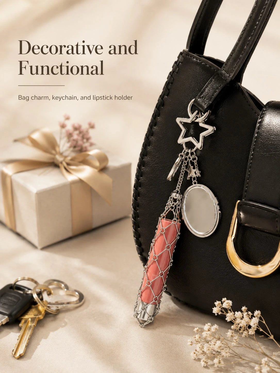 Creative Hanging Decor Heart & Star Pendant Mesh Bag, Stainless Steel Lipstick/Lip Balm Holder, Metal Keychain