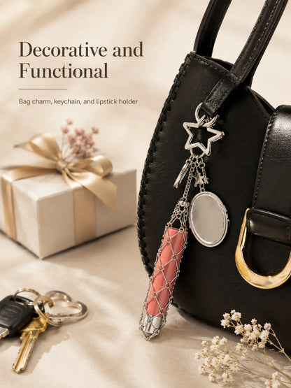 Creative Hanging Decor Heart & Star Pendant Mesh Bag, Stainless Steel Lipstick/Lip Balm Holder, Metal Keychain