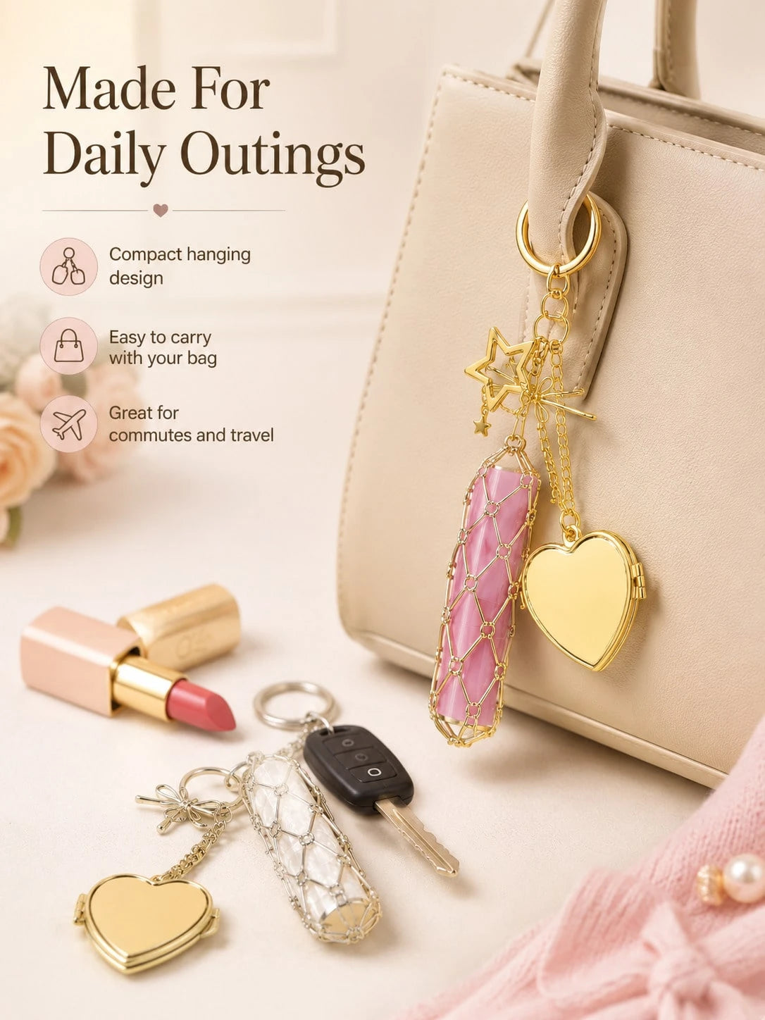 Creative Hanging Decor Heart & Star Pendant Mesh Bag, Stainless Steel Lipstick/Lip Balm Holder, Metal Keychain