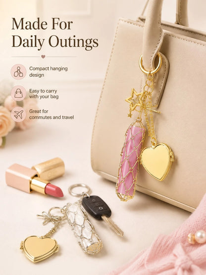 Creative Hanging Decor Heart & Star Pendant Mesh Bag, Stainless Steel Lipstick/Lip Balm Holder, Metal Keychain