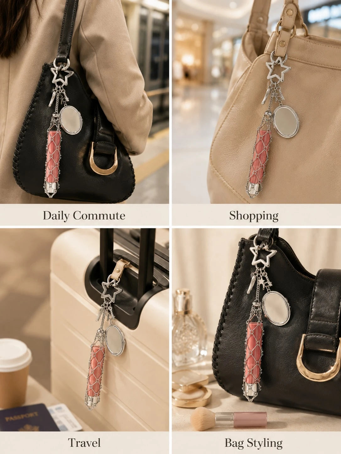 Creative Hanging Decor Heart & Star Pendant Mesh Bag, Stainless Steel Lipstick/Lip Balm Holder, Metal Keychain