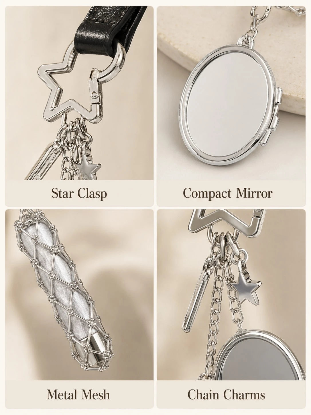 Creative Hanging Decor Heart & Star Pendant Mesh Bag, Stainless Steel Lipstick/Lip Balm Holder, Metal Keychain