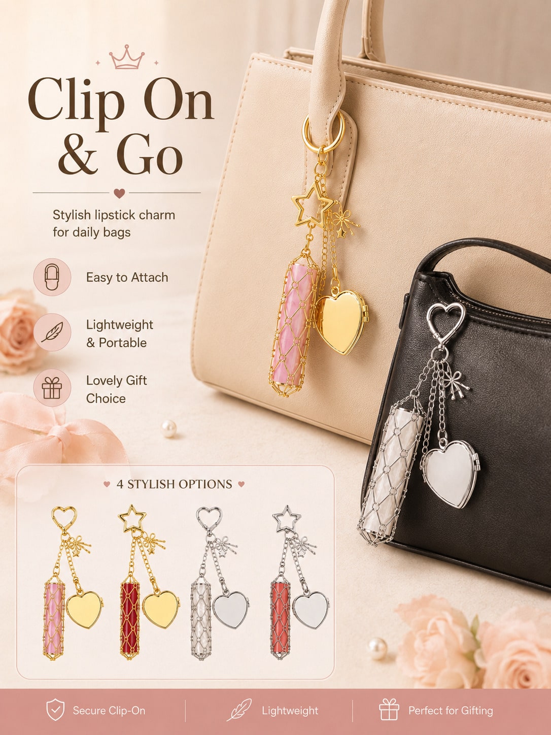 Creative Hanging Decor Heart & Star Pendant Mesh Bag, Stainless Steel Lipstick/Lip Balm Holder, Metal Keychain