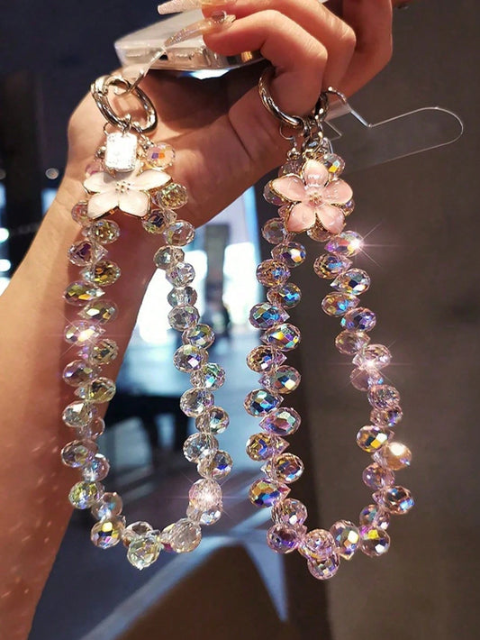 Crystal Bead Flower Pendant Phone Chain, Exquisite Sparkling Crystal Rhinestone, High-End Phone Case Charm, 2026 Fashion New Short Strap Bracelet, Phone Decoration Chain, Suitable For Outdoor Travel