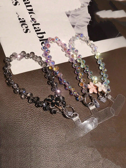 Crystal Bead Flower Pendant Phone Chain, Exquisite Sparkling Crystal Rhinestone, High-End Phone Case Charm, 2026 Fashion New Short Strap Bracelet, Phone Decoration Chain, Suitable For Outdoor Travel
