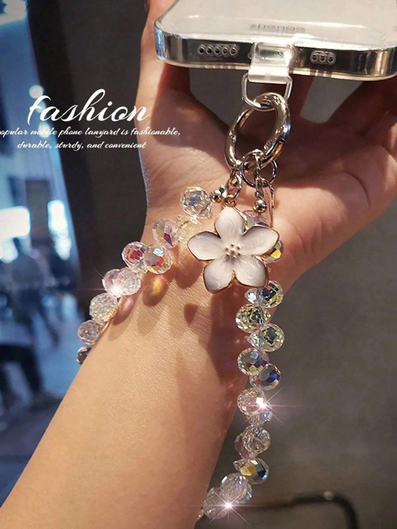 Crystal Bead Flower Pendant Phone Chain, Exquisite Sparkling Crystal Rhinestone, High-End Phone Case Charm, 2026 Fashion New Short Strap Bracelet, Phone Decoration Chain, Suitable For Outdoor Travel