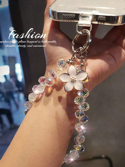Crystal Bead Flower Pendant Phone Chain, Exquisite Sparkling Crystal Rhinestone, High-End Phone Case Charm, 2026 Fashion New Short Strap Bracelet, Phone Decoration Chain, Suitable For Outdoor Travel