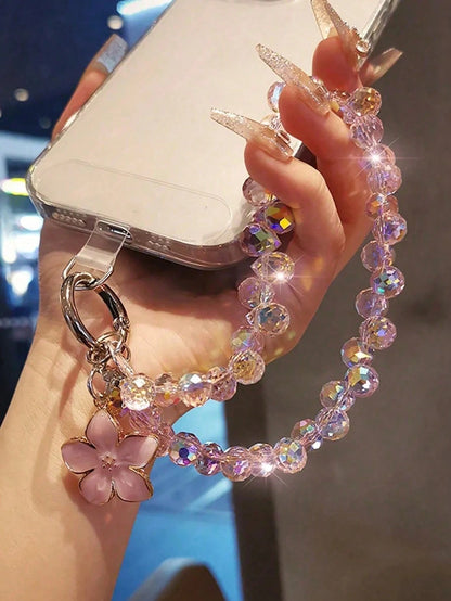 Crystal Bead Flower Pendant Phone Chain, Exquisite Sparkling Crystal Rhinestone, High-End Phone Case Charm, 2026 Fashion New Short Strap Bracelet, Phone Decoration Chain, Suitable For Outdoor Travel