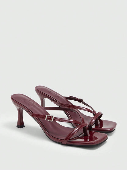 CUCCOO BIZCHIC Women Shoes Square Toe Kitten Heel Burgundy Flip-Flops Women's Sandals Fashion And Comfort Daily Versatile Commuter Women's Sandals Slippers