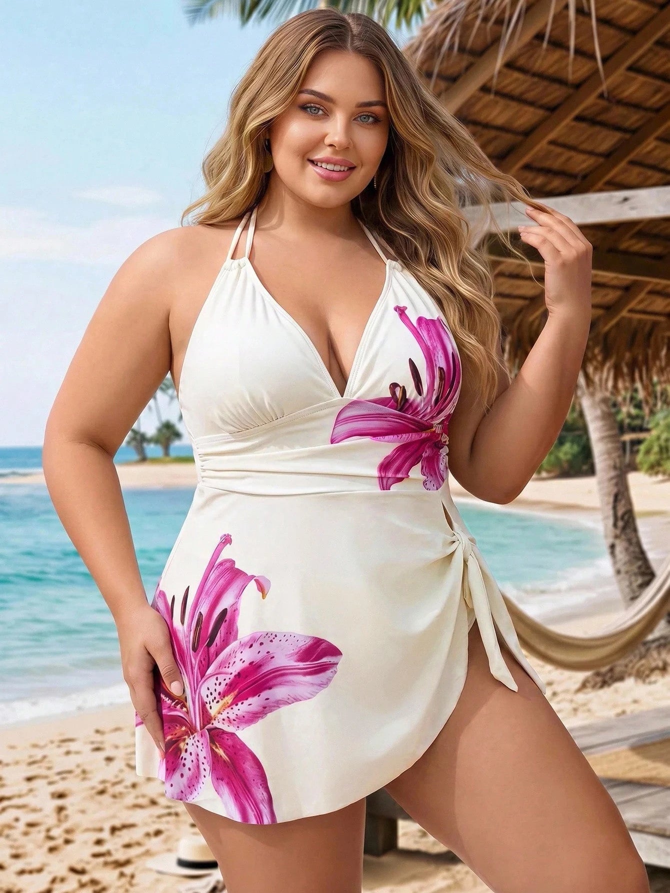 CURVE+ 2026 Summer New Sexy Positioning Print Sweet Concealed Belly High-End 2 Pieces Plus Size Swimsuit Beach Outfits For Woman Plus Size Resort Wear Women Vacation Dress Bikinis Set For Women