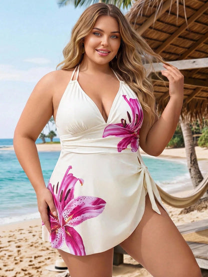 CURVE+ 2026 Summer New Sexy Positioning Print Sweet Concealed Belly High-End 2 Pieces Plus Size Swimsuit Beach Outfits For Woman Plus Size Resort Wear Women Vacation Dress Bikinis Set For Women