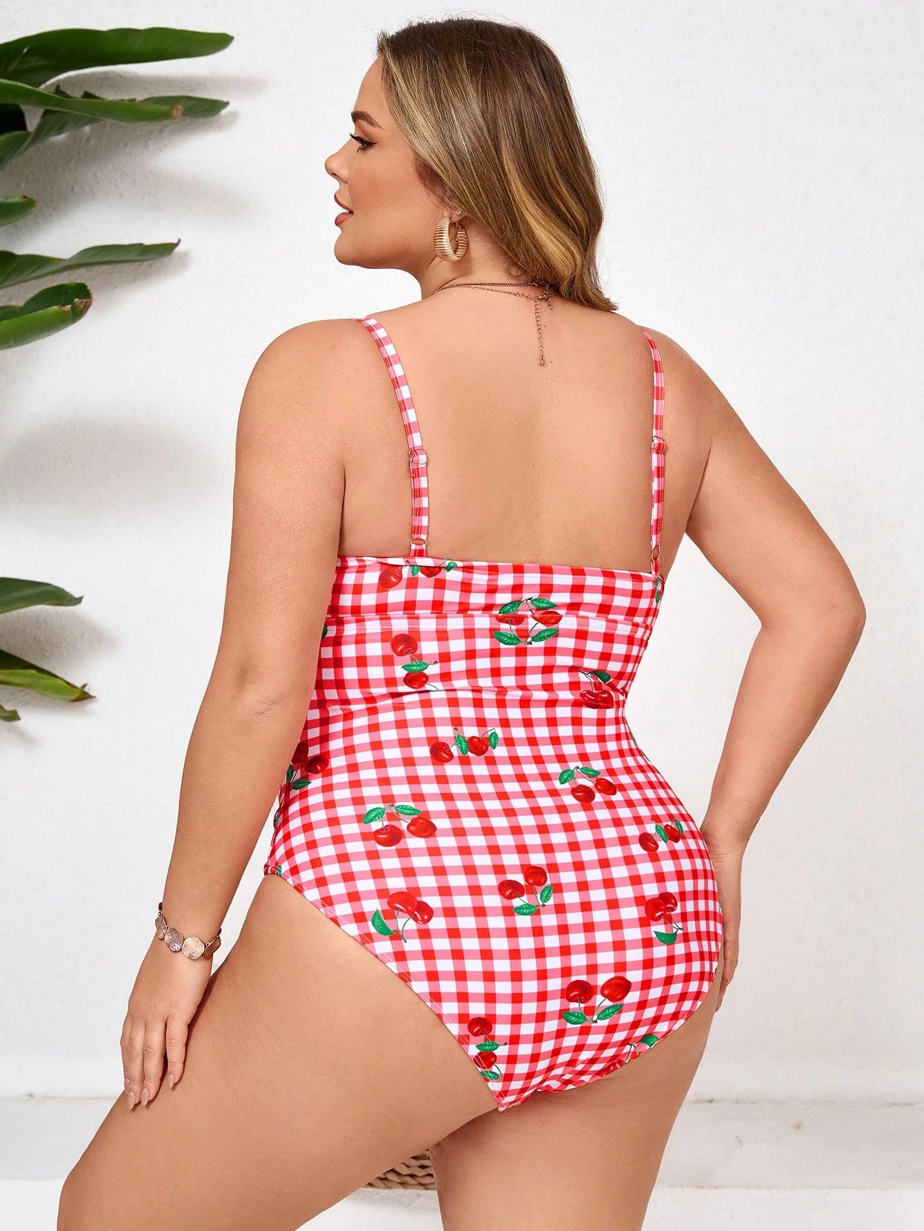 CURVE+ Casual Curve Plus Size White Plaid Cherry Print Spaghetti Strap Sleeveless One-Piece Swimsuit With Tie Front Detail Beach Summer