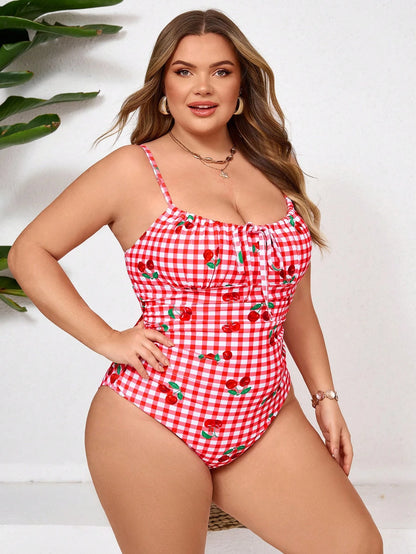 CURVE+ Casual Curve Plus Size White Plaid Cherry Print Spaghetti Strap Sleeveless One-Piece Swimsuit With Tie Front Detail Beach Summer