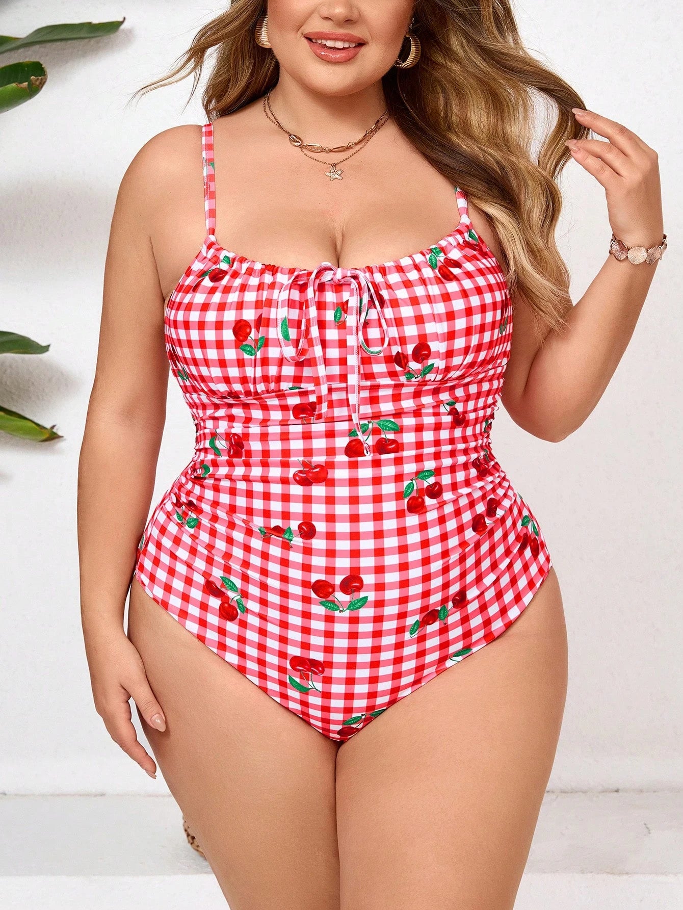 CURVE+ Casual Curve Plus Size White Plaid Cherry Print Spaghetti Strap Sleeveless One-Piece Swimsuit With Tie Front Detail Beach Summer