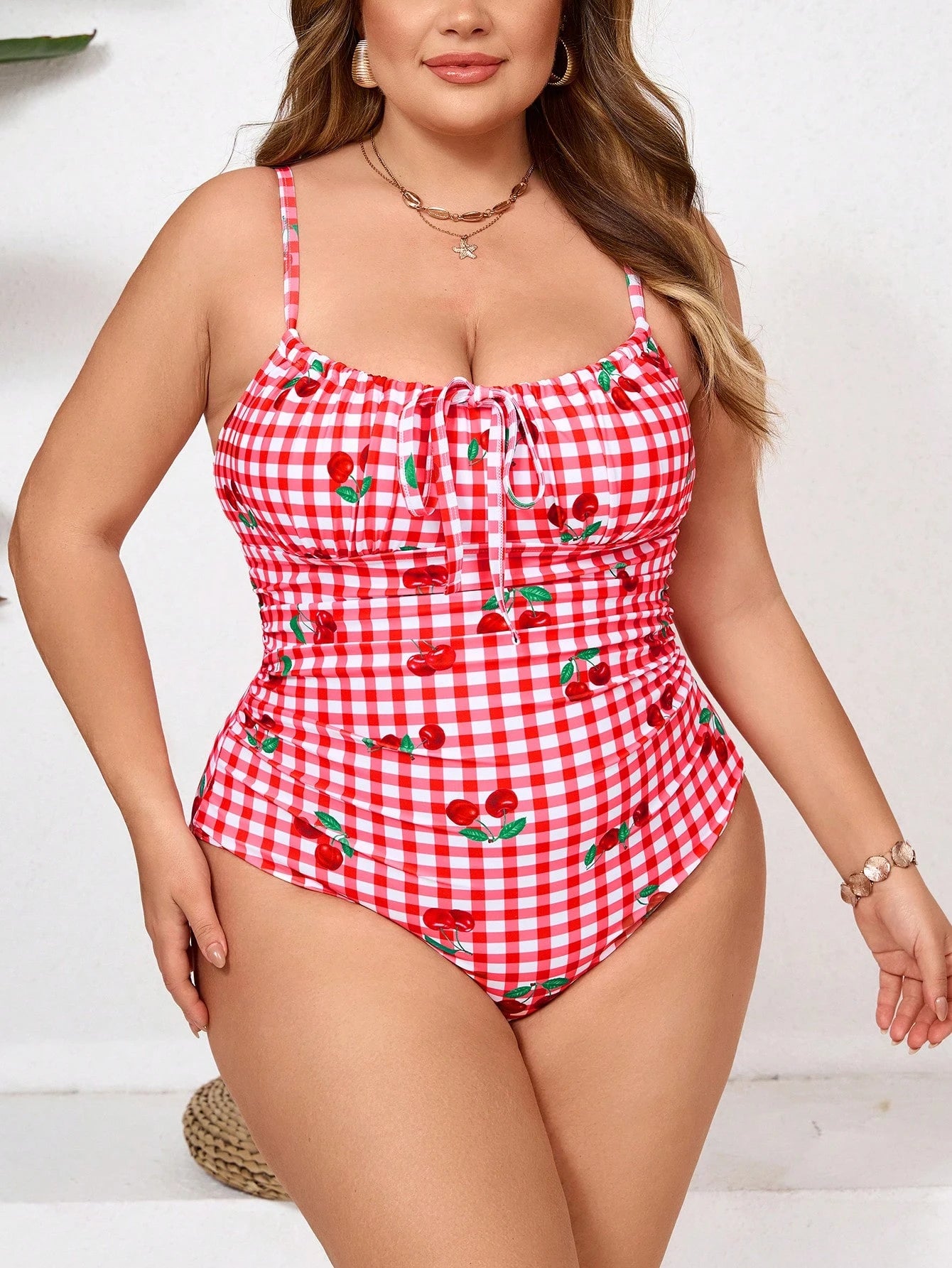 CURVE+ Casual Curve Plus Size White Plaid Cherry Print Spaghetti Strap Sleeveless One-Piece Swimsuit With Tie Front Detail Beach Summer