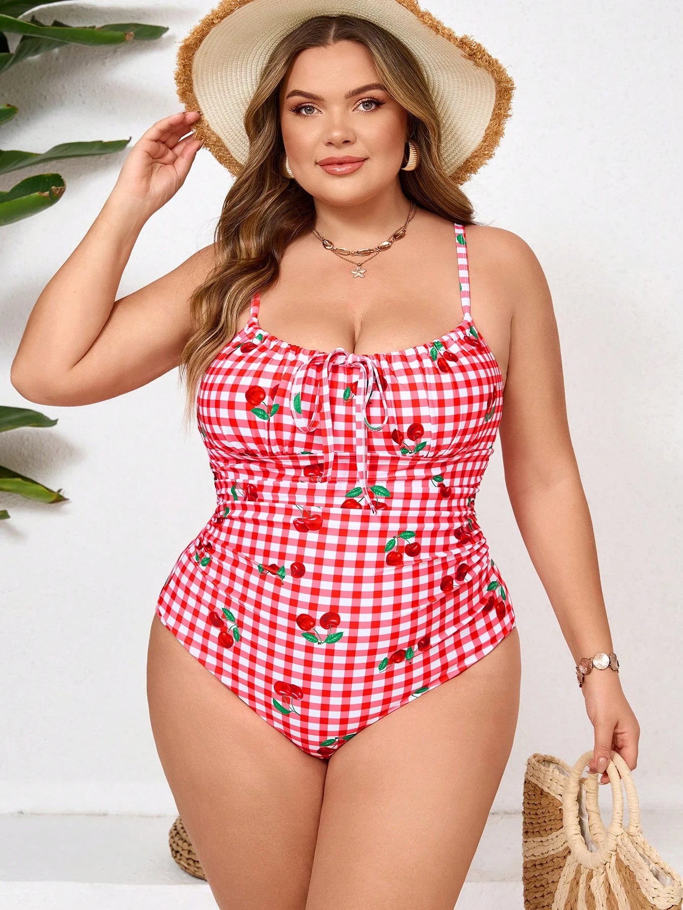 CURVE+ Casual Curve Plus Size White Plaid Cherry Print Spaghetti Strap Sleeveless One-Piece Swimsuit With Tie Front Detail Beach Summer