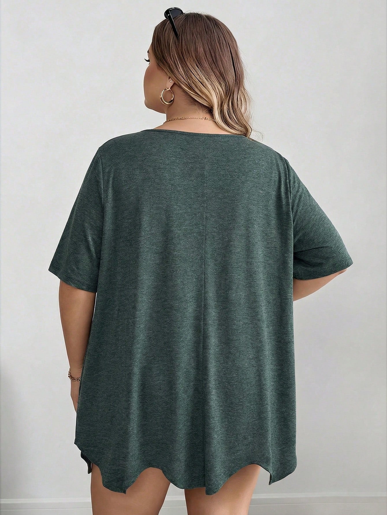 CURVE+ Curve Plus Size Dark Green Summer T-Shirt,Square Neck Asymmetric Hem Pocket Short Sleeve Tops,Everyday Smart Casual Holiday Outfits Women Clothes 8xl