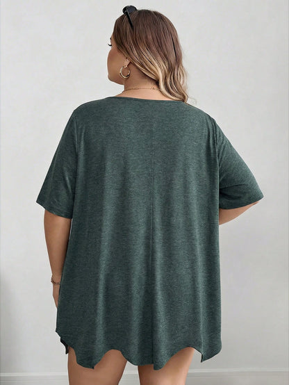CURVE+ Curve Plus Size Dark Green Summer T-Shirt,Square Neck Asymmetric Hem Pocket Short Sleeve Tops,Everyday Smart Casual Holiday Outfits Women Clothes 8xl