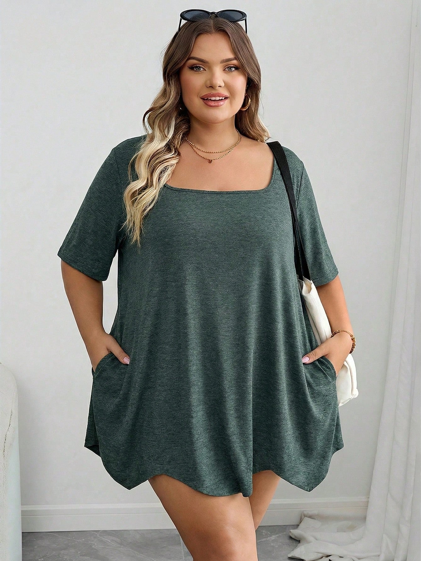 CURVE+ Curve Plus Size Dark Green Summer T-Shirt,Square Neck Asymmetric Hem Pocket Short Sleeve Tops,Everyday Smart Casual Holiday Outfits Women Clothes 8xl