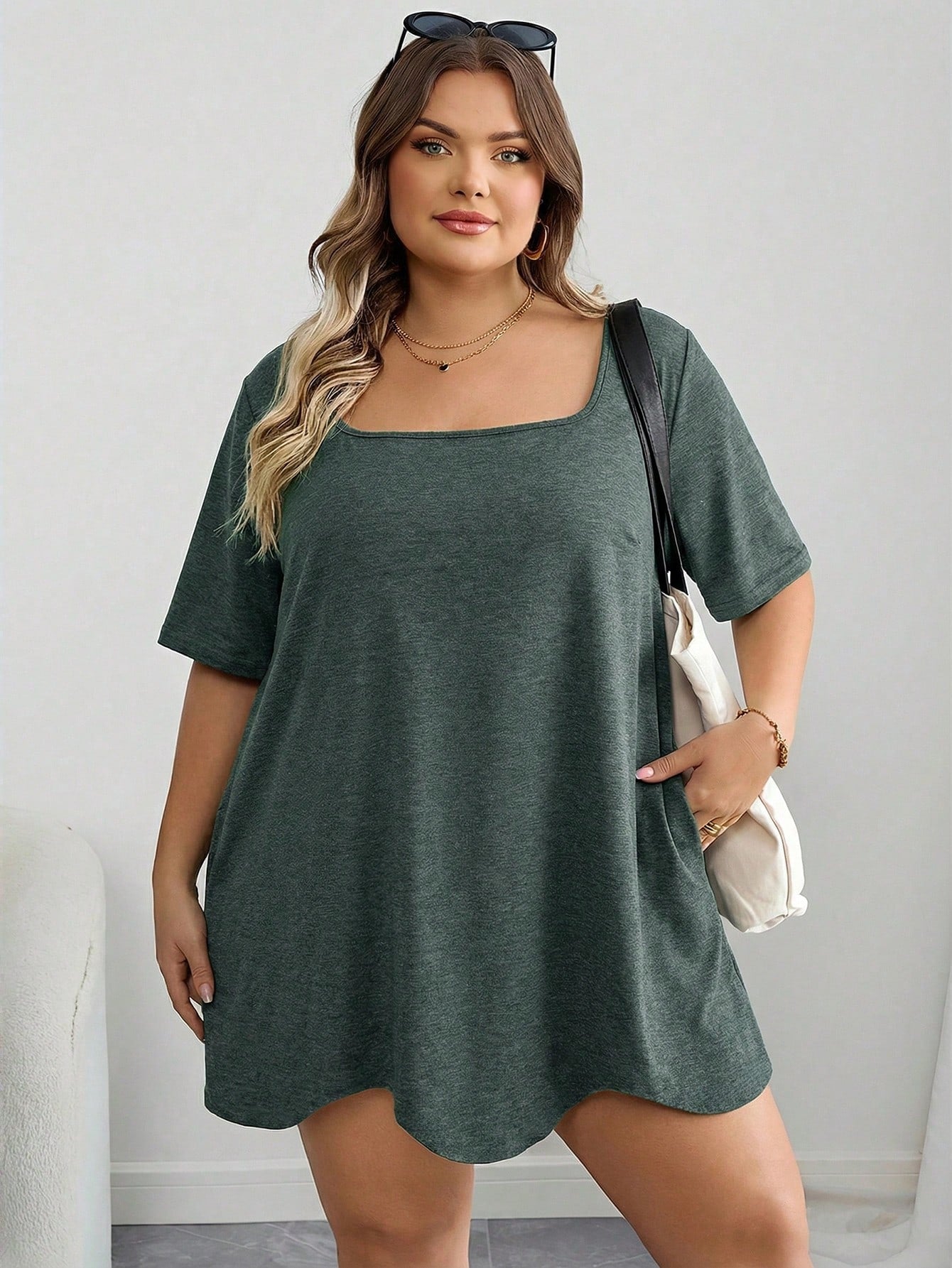 CURVE+ Curve Plus Size Dark Green Summer T-Shirt,Square Neck Asymmetric Hem Pocket Short Sleeve Tops,Everyday Smart Casual Holiday Outfits Women Clothes 8xl