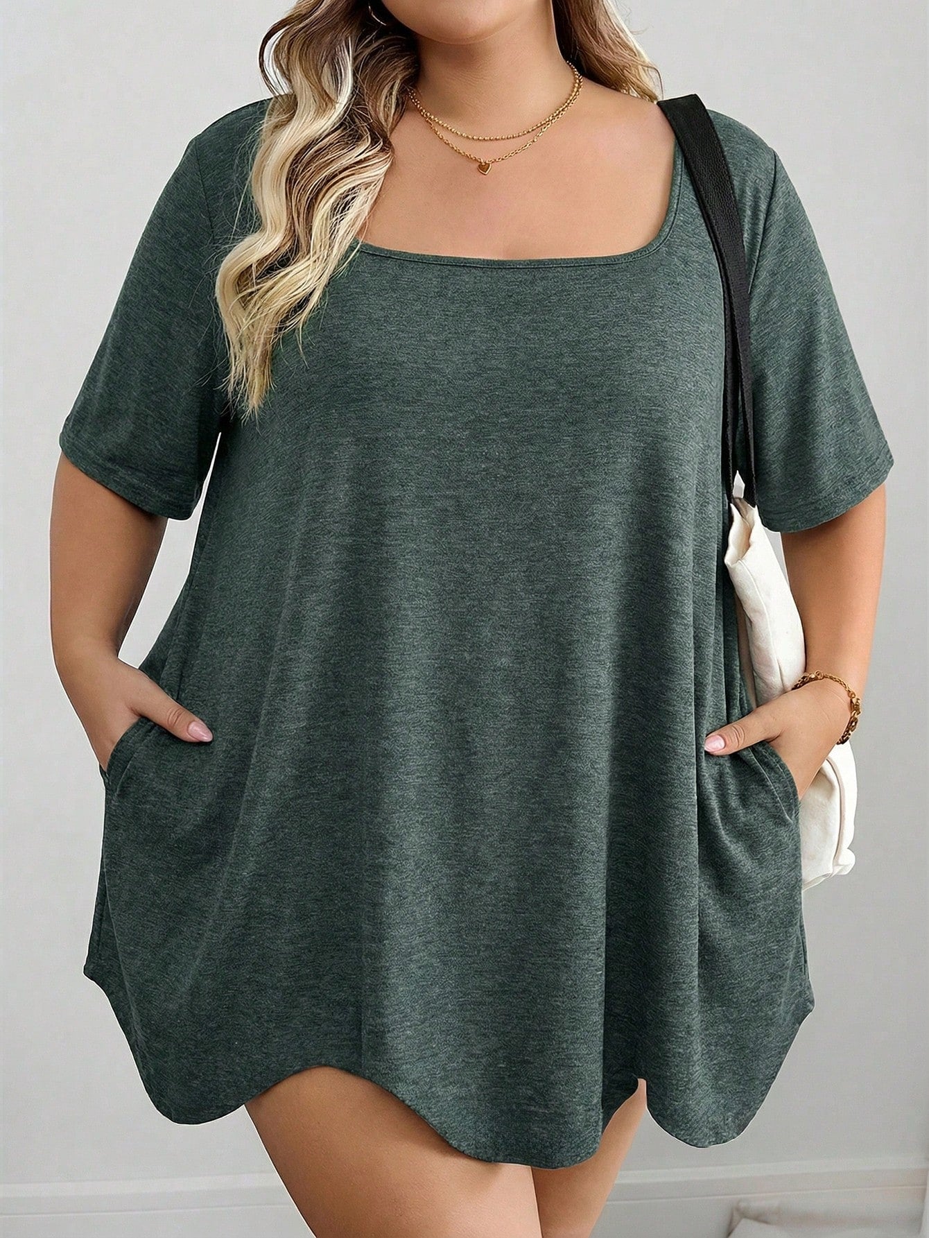 CURVE+ Curve Plus Size Dark Green Summer T-Shirt,Square Neck Asymmetric Hem Pocket Short Sleeve Tops,Everyday Smart Casual Holiday Outfits Women Clothes 8xl