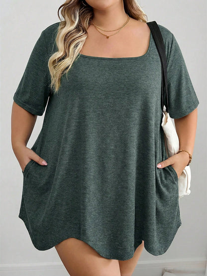 CURVE+ Curve Plus Size Dark Green Summer T-Shirt,Square Neck Asymmetric Hem Pocket Short Sleeve Tops,Everyday Smart Casual Holiday Outfits Women Clothes 8xl