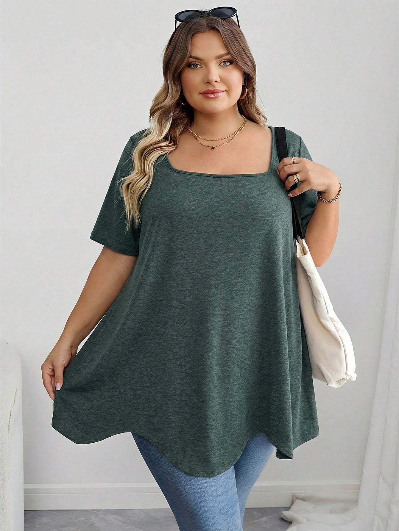 CURVE+ Curve Plus Size Dark Green Summer T-Shirt,Square Neck Asymmetric Hem Pocket Short Sleeve Tops,Everyday Smart Casual Holiday Outfits Women Clothes 8xl