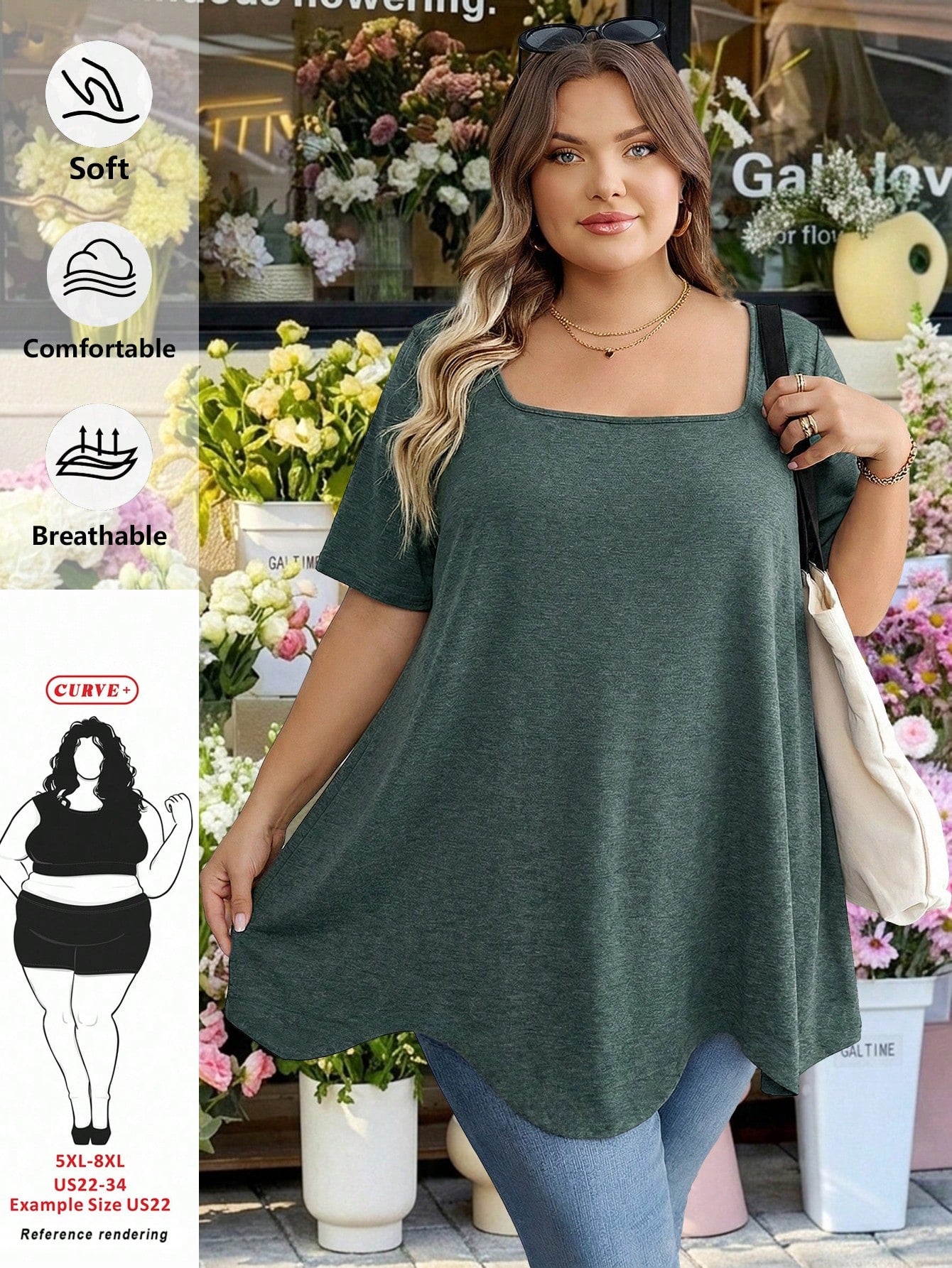 CURVE+ Curve Plus Size Dark Green Summer T-Shirt,Square Neck Asymmetric Hem Pocket Short Sleeve Tops,Everyday Smart Casual Holiday Outfits Women Clothes 8xl