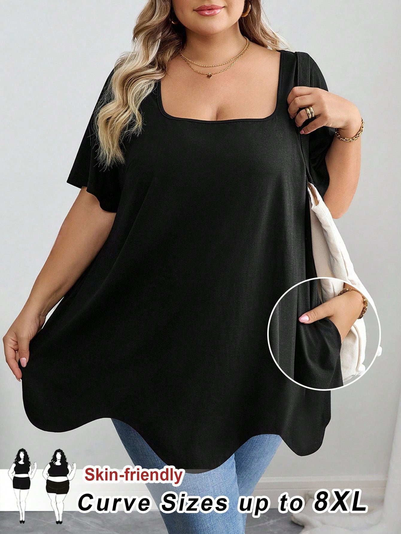CURVE+ Curve Plus Size Dark Green Summer T-Shirt,Square Neck Asymmetric Hem Pocket Short Sleeve Tops,Everyday Smart Casual Holiday Outfits Women Clothes 8xl
