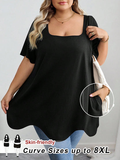 CURVE+ Curve Plus Size Dark Green Summer T-Shirt,Square Neck Asymmetric Hem Pocket Short Sleeve Tops,Everyday Smart Casual Holiday Outfits Women Clothes 8xl