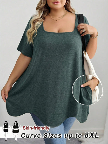 CURVE+ Curve Plus Size Dark Green Summer T-Shirt,Square Neck Asymmetric Hem Pocket Short Sleeve Tops,Everyday Smart Casual Holiday Outfits Women Clothes 8xl