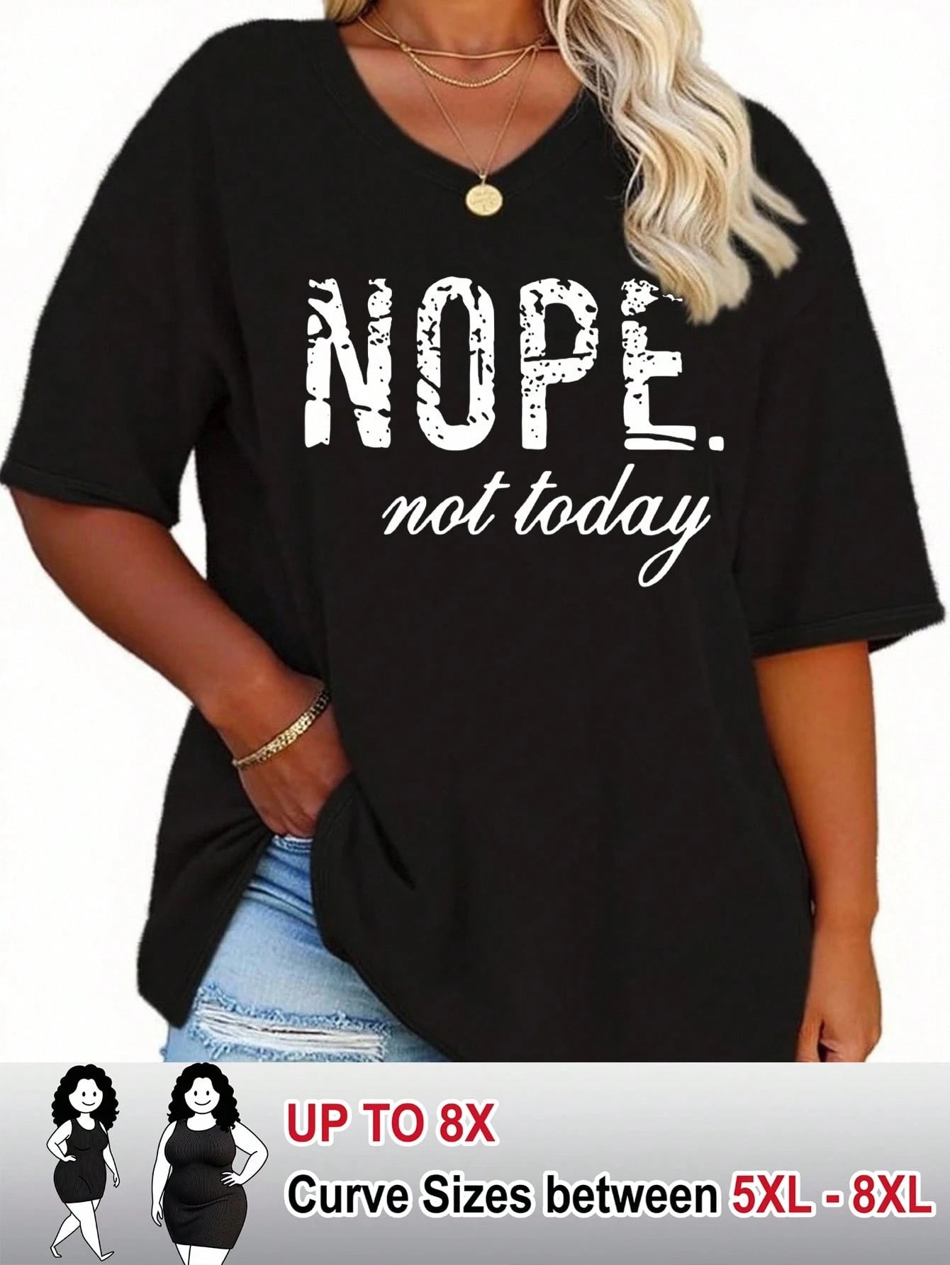 CURVE+ Large V-Neck Short Sleeved T-Shirt With Slogan Print, Suitable For Spring And Summer, Women's Clothing Graphic Tees Women Tops