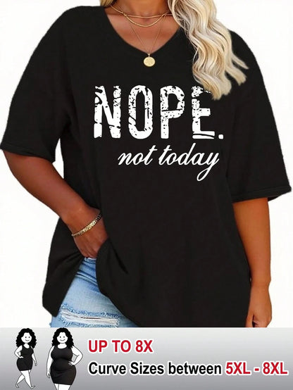 CURVE+ Large V-Neck Short Sleeved T-Shirt With Slogan Print, Suitable For Spring And Summer, Women's Clothing Graphic Tees Women Tops
