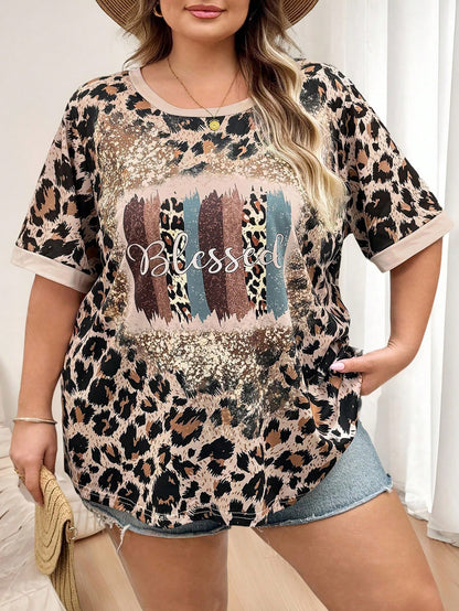 CURVE+ Large Women's Leopard Print And Letter Pattern T-Shirt, Curve Plus, Boho Vacation, Plus Size T-Shirt Summer, Country, Beach Vacation, Beach Wear