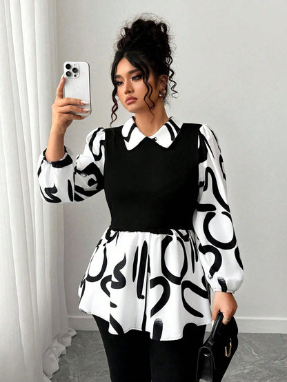 CURVE+ New Arrival Long Sleeve Printed Patchwork Shirt, Versatile Commuter Wear, Plus Size Fall