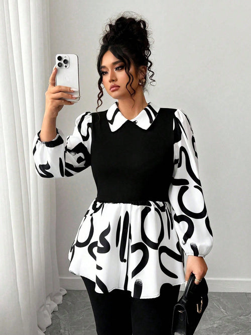 CURVE+ New Arrival Long Sleeve Printed Patchwork Shirt, Versatile Commuter Wear, Plus Size Fall