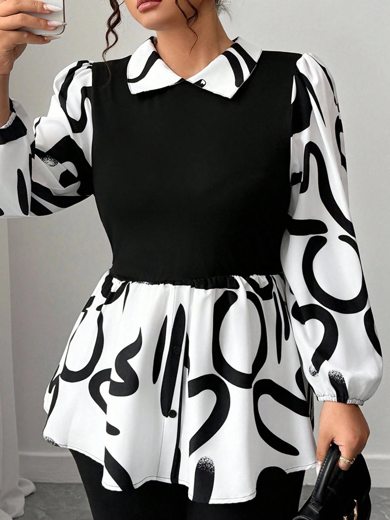 CURVE+ New Arrival Long Sleeve Printed Patchwork Shirt, Versatile Commuter Wear, Plus Size Fall