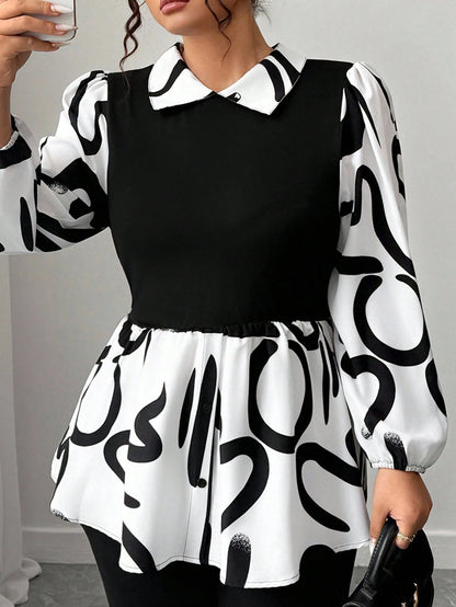 CURVE+ New Arrival Long Sleeve Printed Patchwork Shirt, Versatile Commuter Wear, Plus Size Fall