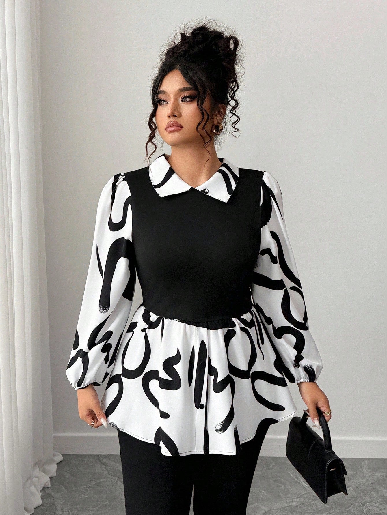 CURVE+ New Arrival Long Sleeve Printed Patchwork Shirt, Versatile Commuter Wear, Plus Size Fall