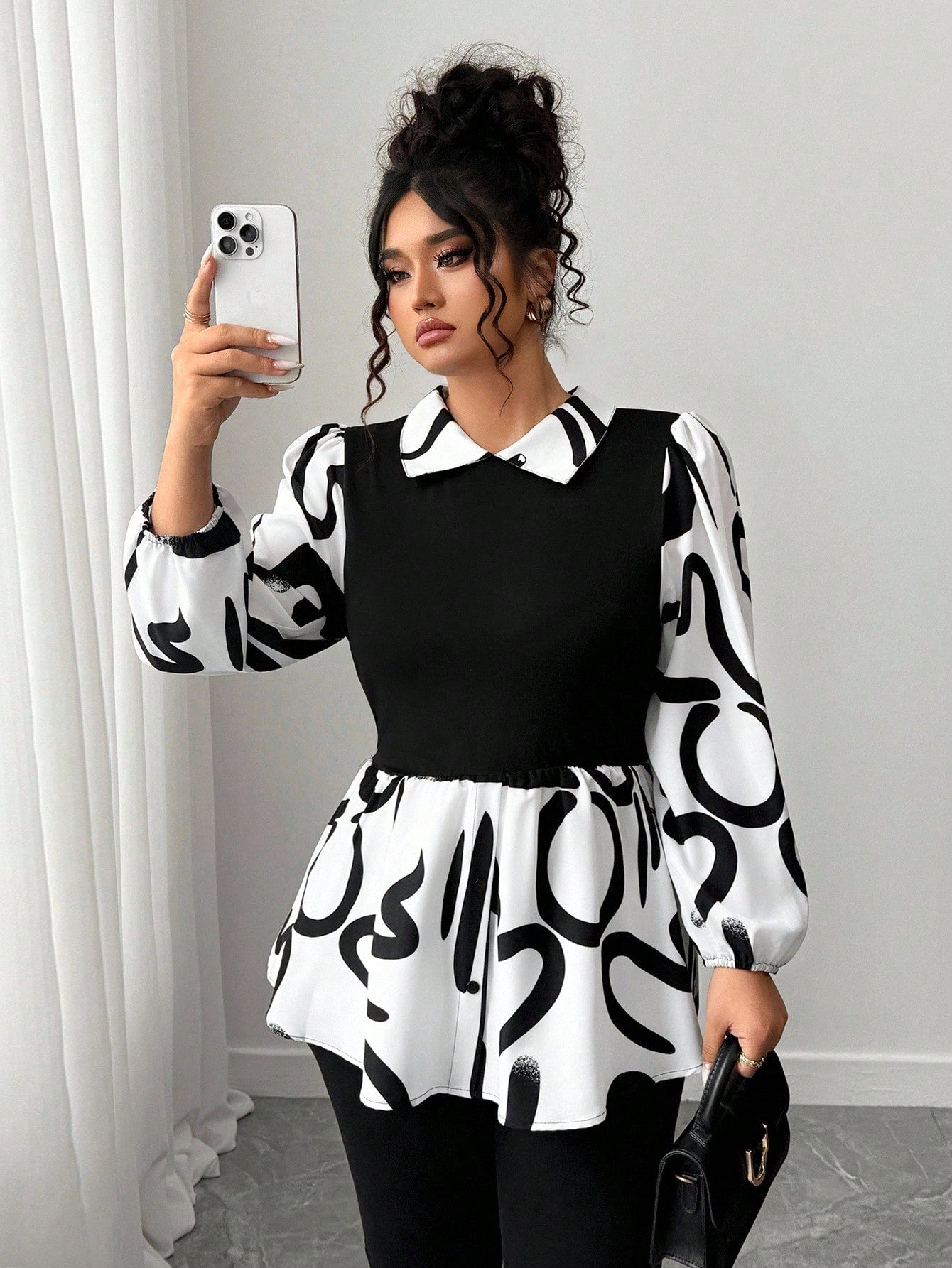 CURVE+ New Arrival Long Sleeve Printed Patchwork Shirt, Versatile Commuter Wear, Plus Size Fall