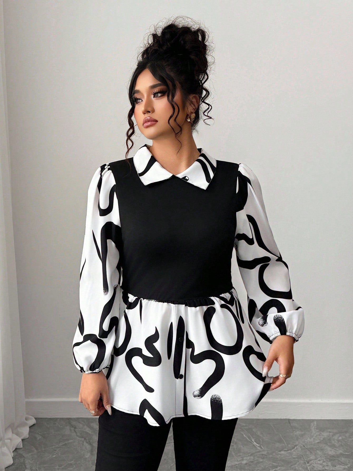 CURVE+ New Arrival Long Sleeve Printed Patchwork Shirt, Versatile Commuter Wear, Plus Size Fall