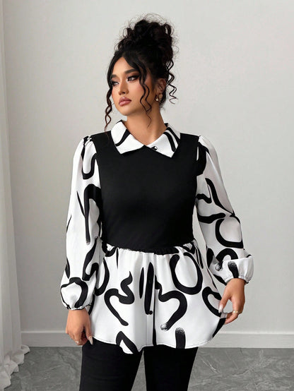 CURVE+ New Arrival Long Sleeve Printed Patchwork Shirt, Versatile Commuter Wear, Plus Size Fall
