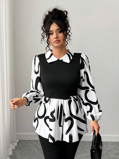 CURVE+ New Arrival Long Sleeve Printed Patchwork Shirt, Versatile Commuter Wear, Plus Size Fall