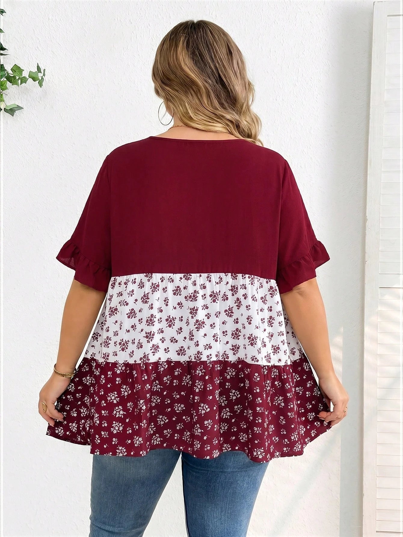 CURVE+ Plus Size Casual Colorblock Ditsy Floral Shirt, Relaxed Holiday Vibe, Suitable For Country Music Festivals, Women's Boho Style, Spring Year
