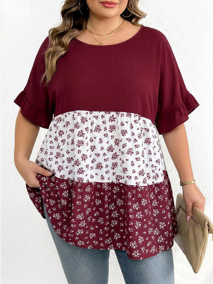 CURVE+ Plus Size Casual Colorblock Ditsy Floral Shirt, Relaxed Holiday Vibe, Suitable For Country Music Festivals, Women's Boho Style, Spring Year