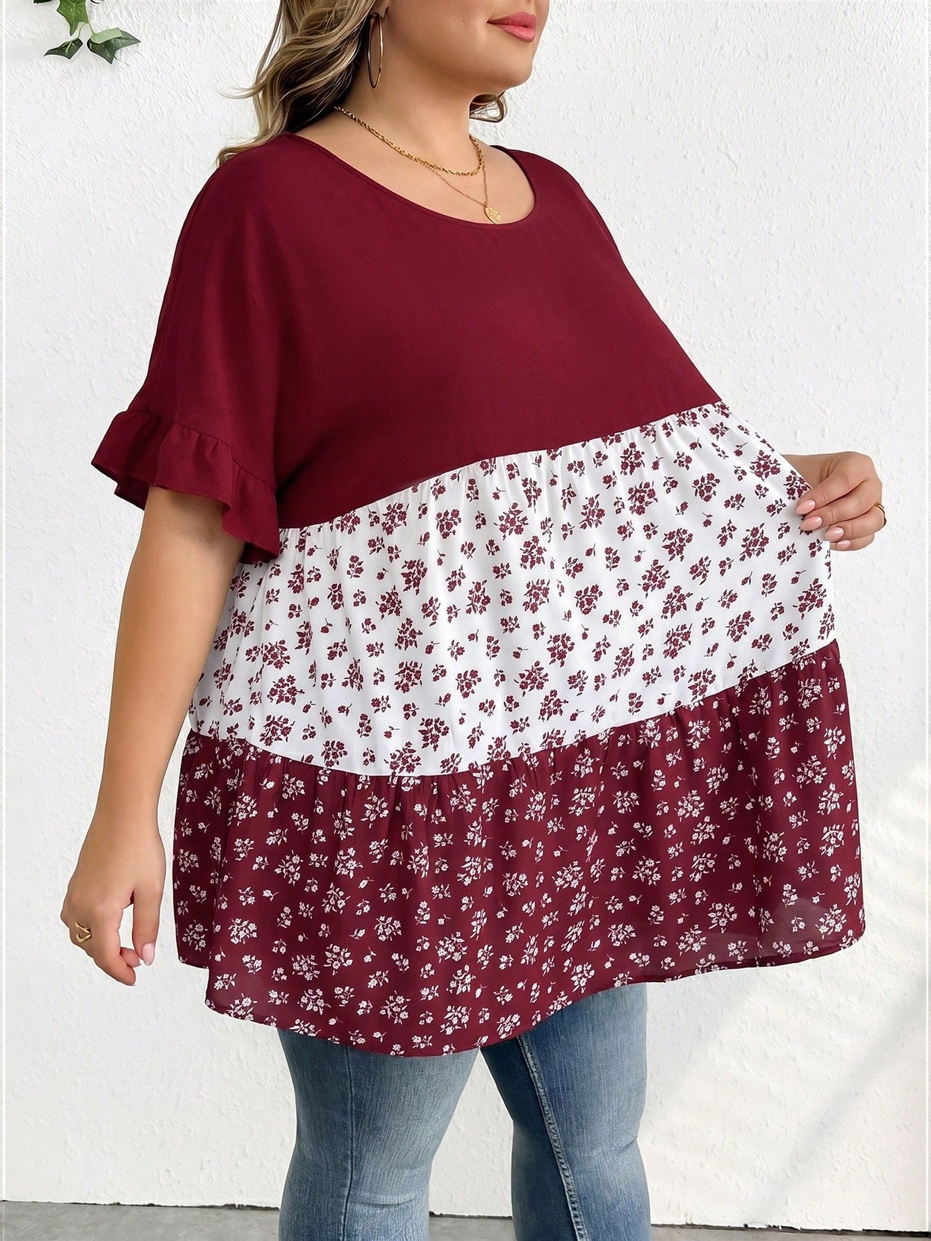 CURVE+ Plus Size Casual Colorblock Ditsy Floral Shirt, Relaxed Holiday Vibe, Suitable For Country Music Festivals, Women's Boho Style, Spring Year