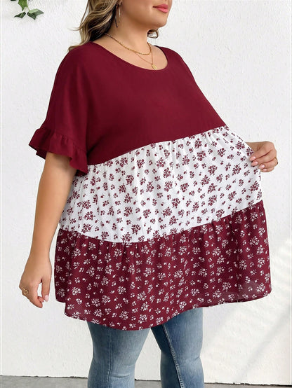 CURVE+ Plus Size Casual Colorblock Ditsy Floral Shirt, Relaxed Holiday Vibe, Suitable For Country Music Festivals, Women's Boho Style, Spring Year