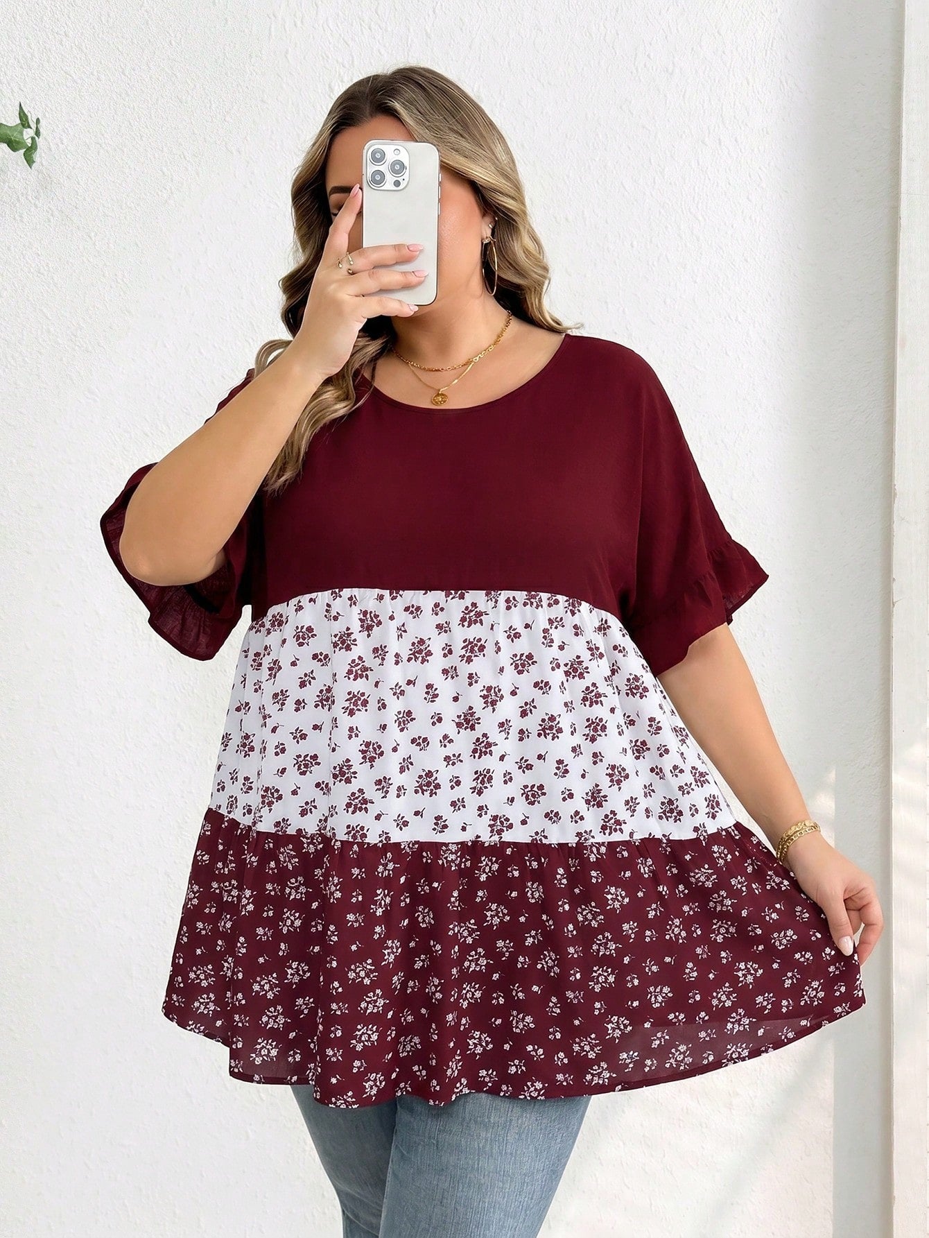 CURVE+ Plus Size Casual Colorblock Ditsy Floral Shirt, Relaxed Holiday Vibe, Suitable For Country Music Festivals, Women's Boho Style, Spring Year