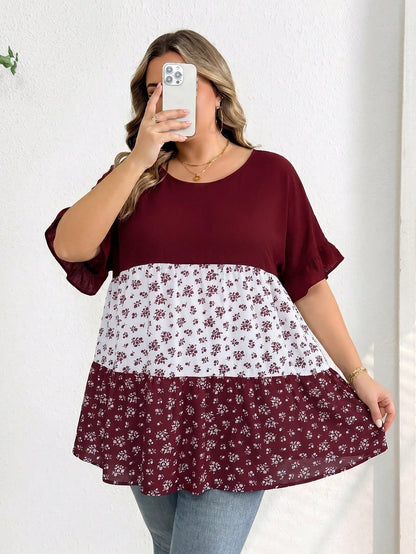 CURVE+ Plus Size Casual Colorblock Ditsy Floral Shirt, Relaxed Holiday Vibe, Suitable For Country Music Festivals, Women's Boho Style, Spring Year