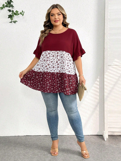CURVE+ Plus Size Casual Colorblock Ditsy Floral Shirt, Relaxed Holiday Vibe, Suitable For Country Music Festivals, Women's Boho Style, Spring Year